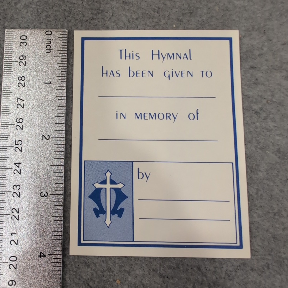 Vintage Hymnal Bookplate Memorial Donation Label Blue Cross Religious Ephemera - Picture 1 of 2